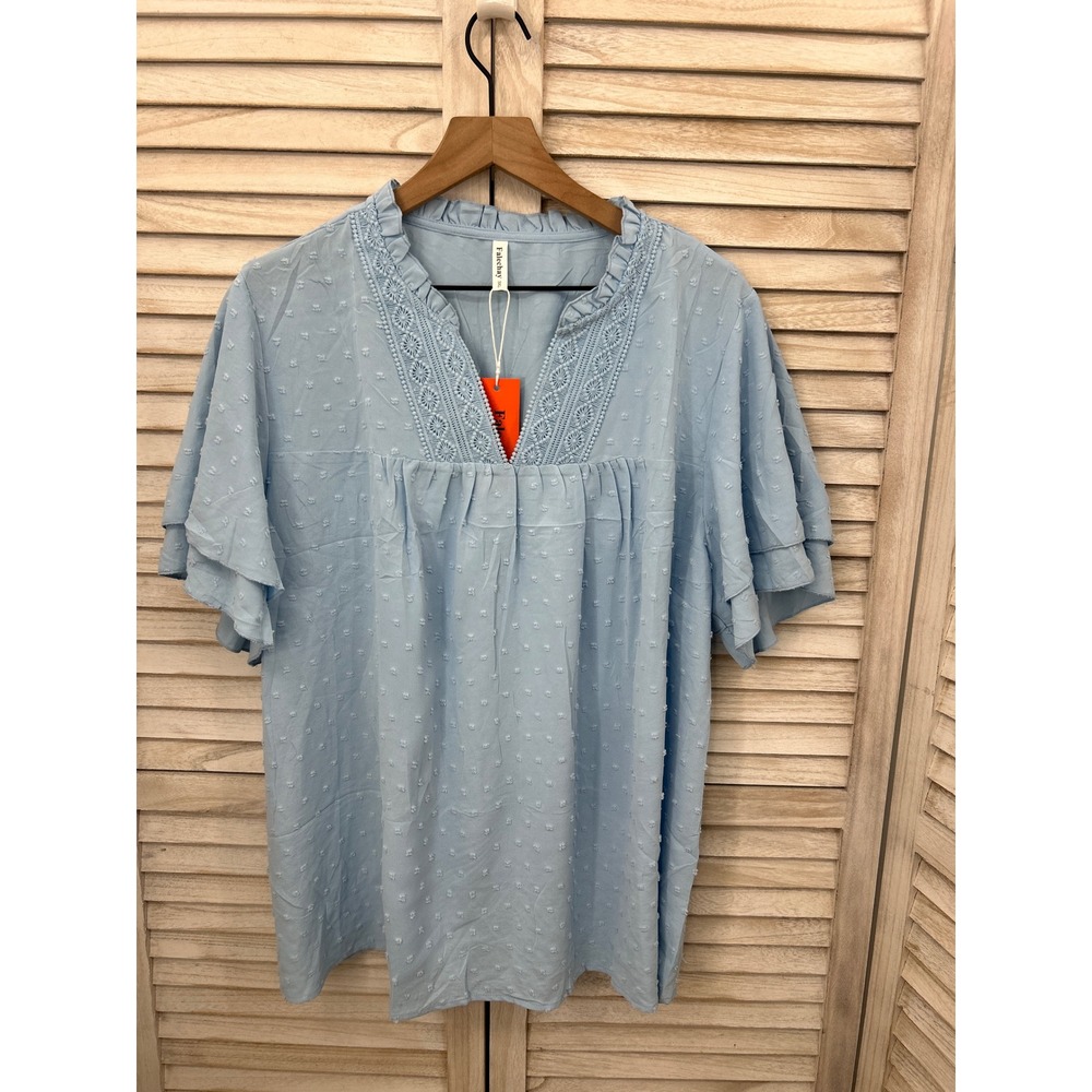 NEW Falechay Swiss Dot Blouse 3XL Blue Women Boho Ruffle Crochet V-Neck Top